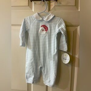 Zuccini Kids Santa Face romper with light blue stripe and collar